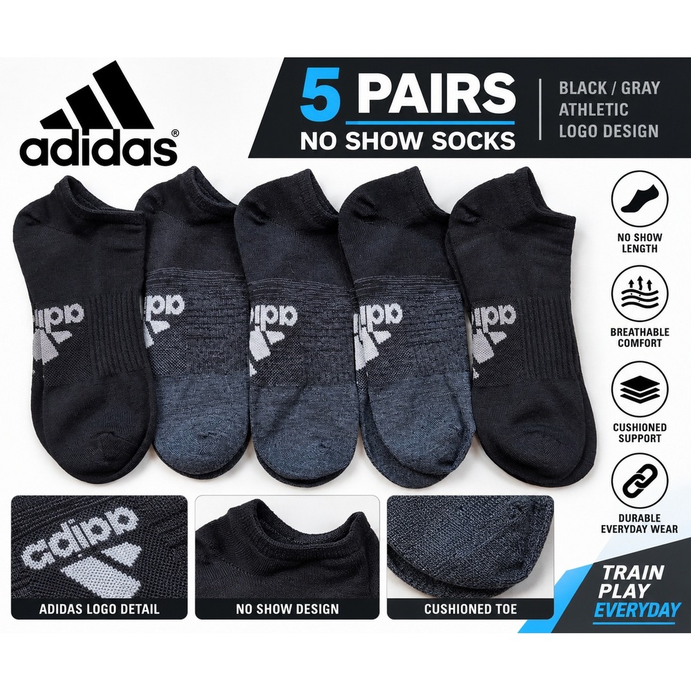 Adidas 5 Pairs No Show Socks Mens Black Gray Athletic Logo Training Cushioned